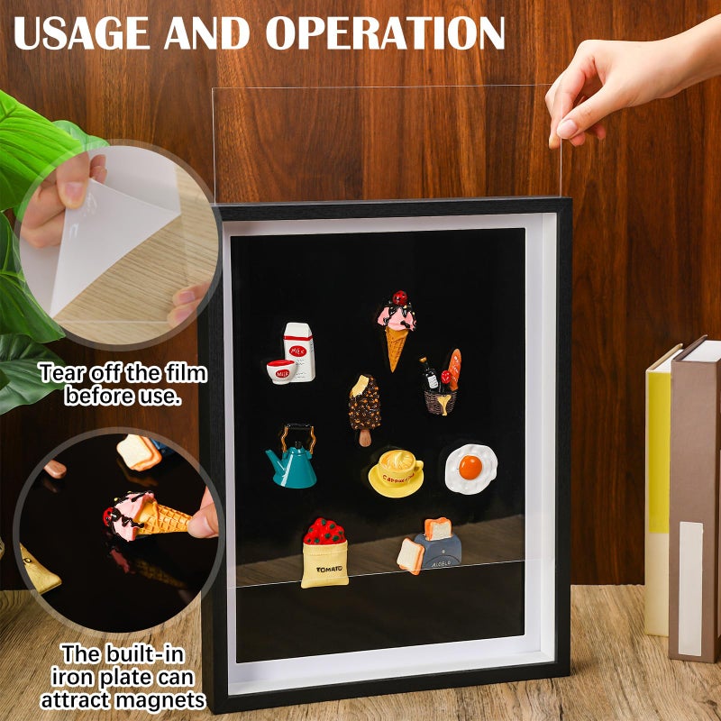 Vicenpal 1 Pcs Large Magnetic Board 16" x 12" Magnet Display Board Removable Souvenir Fridge Magnet Frames Case for Wall Dust Proof Magnetic Shadow Box for Wall Table Refrigerator (Black) - Image 3