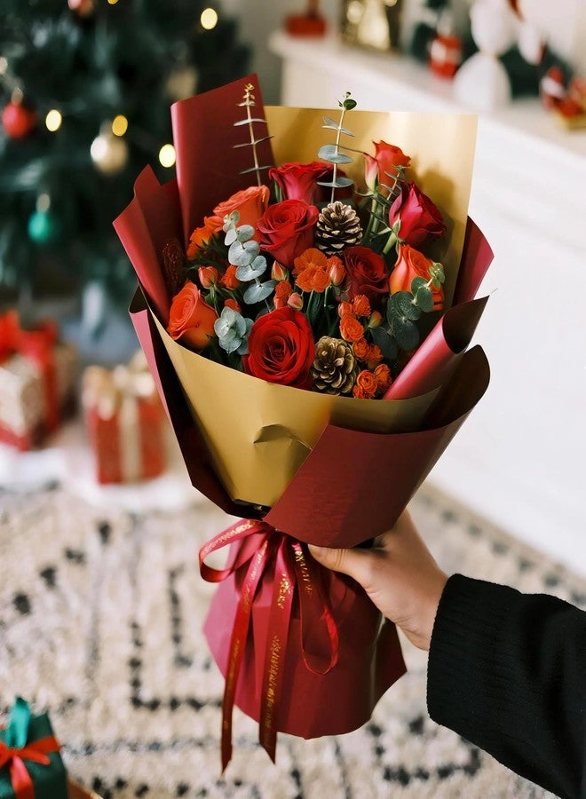 LeZakaa 20 Sheets Christmas Flower Wrapping Paper, Wine Red and Gold Design Waterproof Reversible Floral Bouquet Paper, for Valentines, Mothers Day, Party, Birthday, Wedding, Baby Shower - Image 2