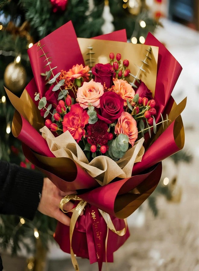 LeZakaa 20 Sheets Christmas Flower Wrapping Paper, Wine Red and Gold Design Waterproof Reversible Floral Bouquet Paper, for Valentines, Mothers Day, Party, Birthday, Wedding, Baby Shower - Image 4