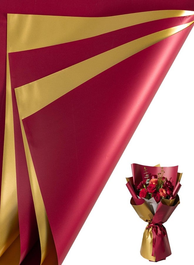 LeZakaa 20 Sheets Christmas Flower Wrapping Paper, Wine Red and Gold Design Waterproof Reversible Floral Bouquet Paper, for Valentines, Mothers Day, Party, Birthday, Wedding, Baby Shower - Image 1