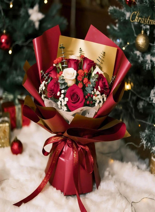 LeZakaa 20 Sheets Christmas Flower Wrapping Paper, Wine Red and Gold Design Waterproof Reversible Floral Bouquet Paper, for Valentines, Mothers Day, Party, Birthday, Wedding, Baby Shower - Image 5