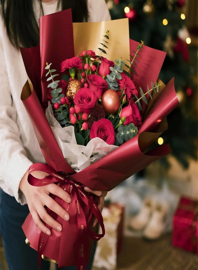 LeZakaa 20 Sheets Christmas Flower Wrapping Paper, Wine Red and Gold Design Waterproof Reversible Floral Bouquet Paper, for Valentines, Mothers Day, Party, Birthday, Wedding, Baby Shower - Image 3