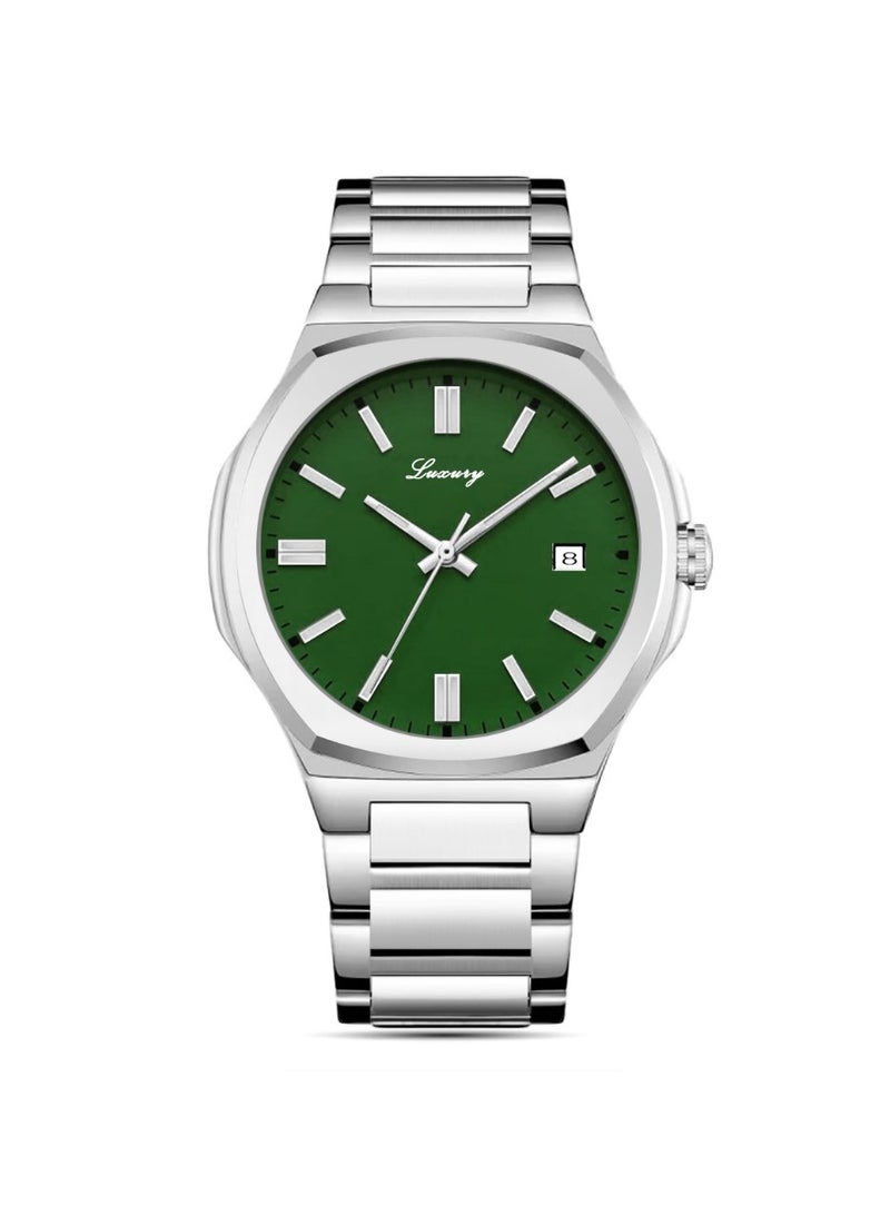 Men's steel wristwatch - Rolex style, water resistant, high quality, silver bracelet with green dial