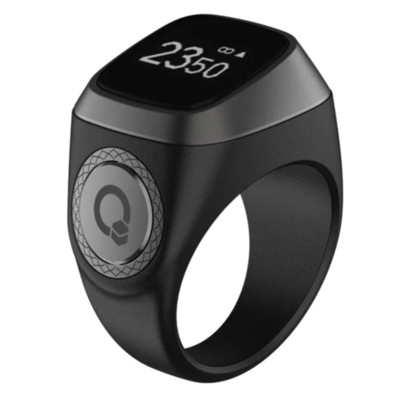 Prayer Smart Ring, Watch Ring,Smart Tasbih Beads Ring, with Prayer Counters,5 Prayer Time Azan Reminder Alarm Clocks,Prayer Direction Indicator Guide,OLED Display (Black Grey, 18mm) - Image 1