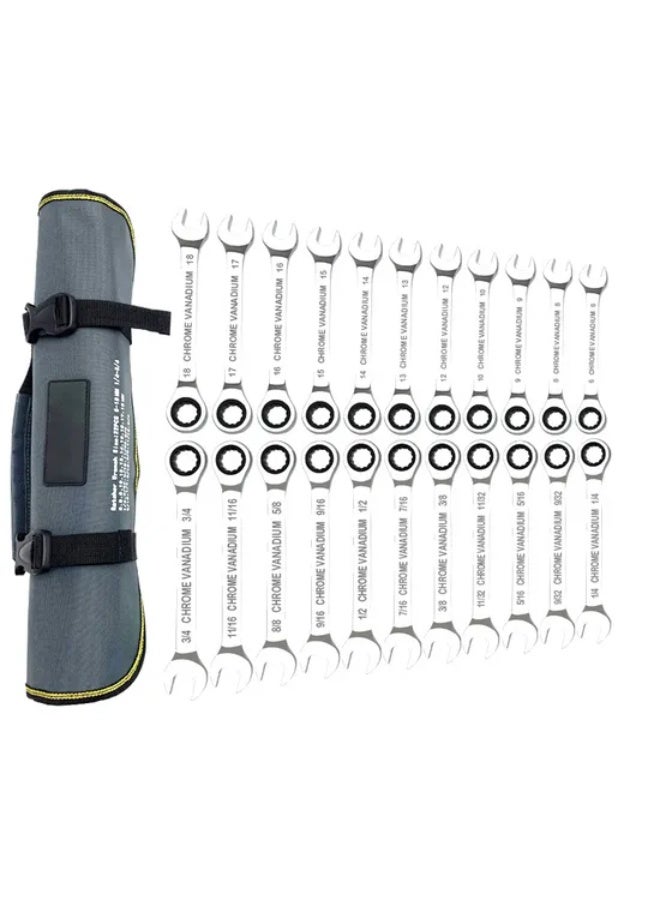 LOOPITYS Ratcheting Wrench Set, Combination Wrench Set, 22-Piece SAE & Metric and Standard, 72Th Long Open End, 1/4" to 3/4" & 6-18mm, Organizer With Roll Up Pouch, CR-V Socket Mechanic Hand Tools Sets  - Image 1
