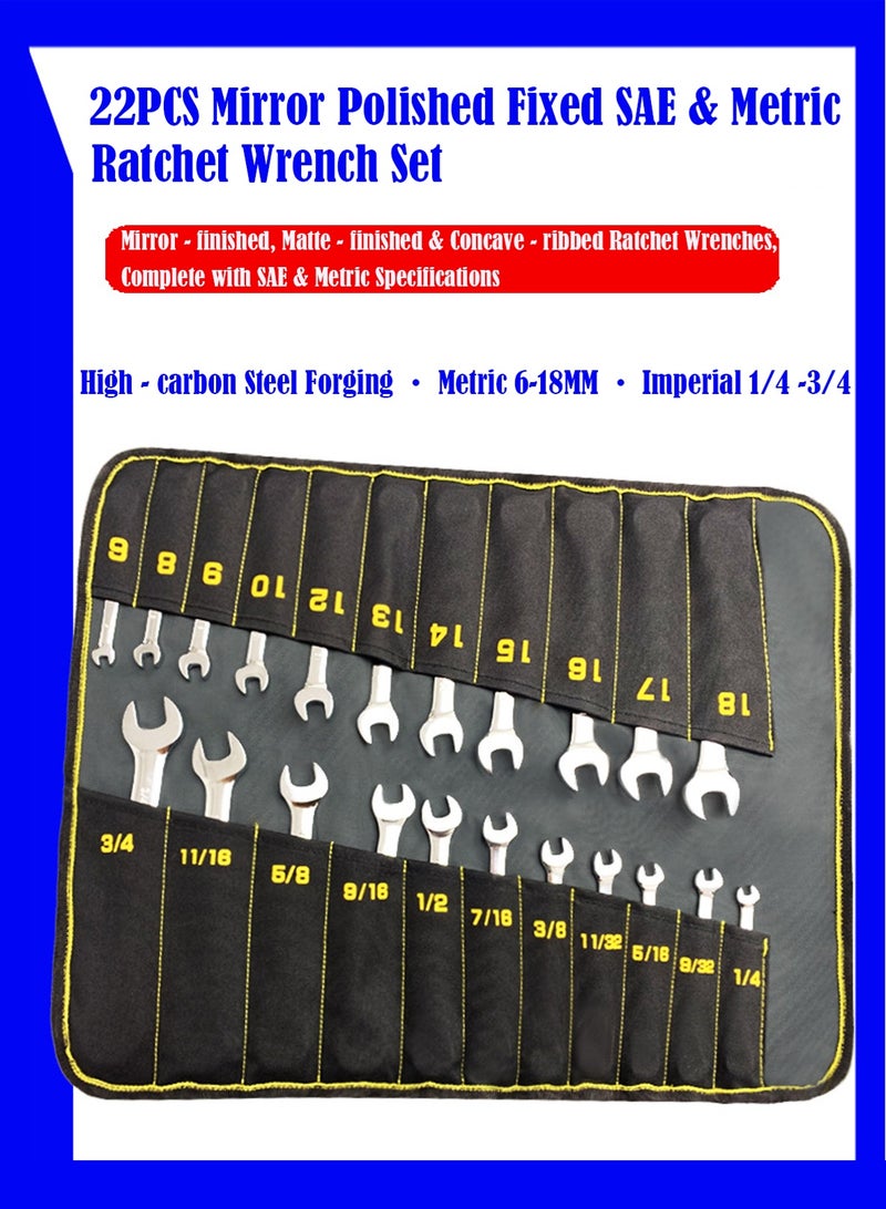 LOOPITYS Ratcheting Wrench Set, Combination Wrench Set, 22-Piece SAE & Metric and Standard, 72Th Long Open End, 1/4" to 3/4" & 6-18mm, Organizer With Roll Up Pouch, CR-V Socket Mechanic Hand Tools Sets  - Image 3