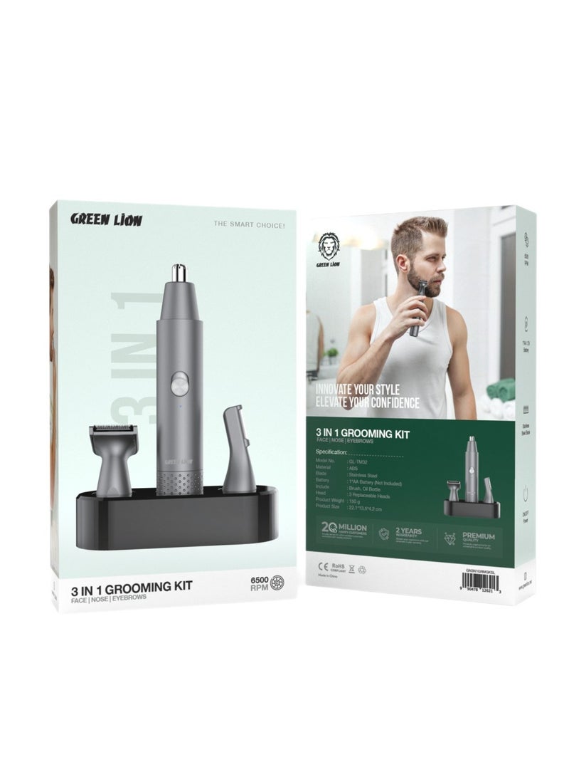 GREEN LION 3 In 1 Grooming Kit for Face, Nose and Eyebrows / Shaver / Electric Shaver / Multi-functional Shaver / Personal Care Kit / Facial Grooming Tools / Beard Grooming Kit - Silver - Image 3