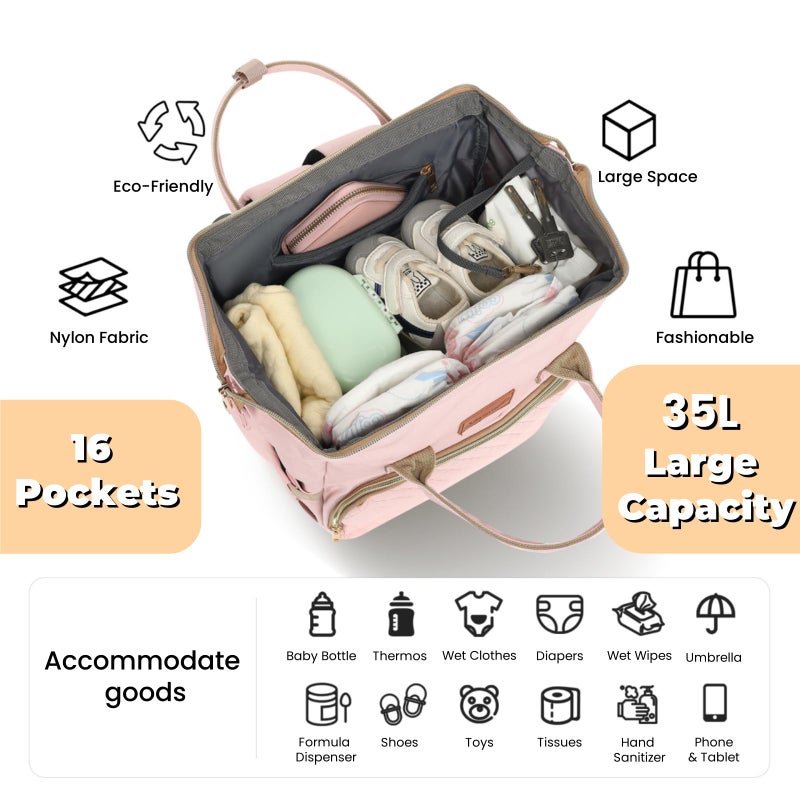 ROSEGIN Pink Diaper Bag Backpack for Baby Girls - Baby Shower Gifts for Mom, Quilted Diaper Bag with Changing Pad, Pacifier Case, Insulated Pockets, Stroller Straps, 35L Large Capacity - Cute - Image 2