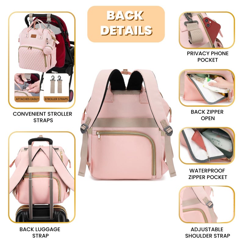 ROSEGIN Pink Diaper Bag Backpack for Baby Girls - Baby Shower Gifts for Mom, Quilted Diaper Bag with Changing Pad, Pacifier Case, Insulated Pockets, Stroller Straps, 35L Large Capacity - Cute - Image 4