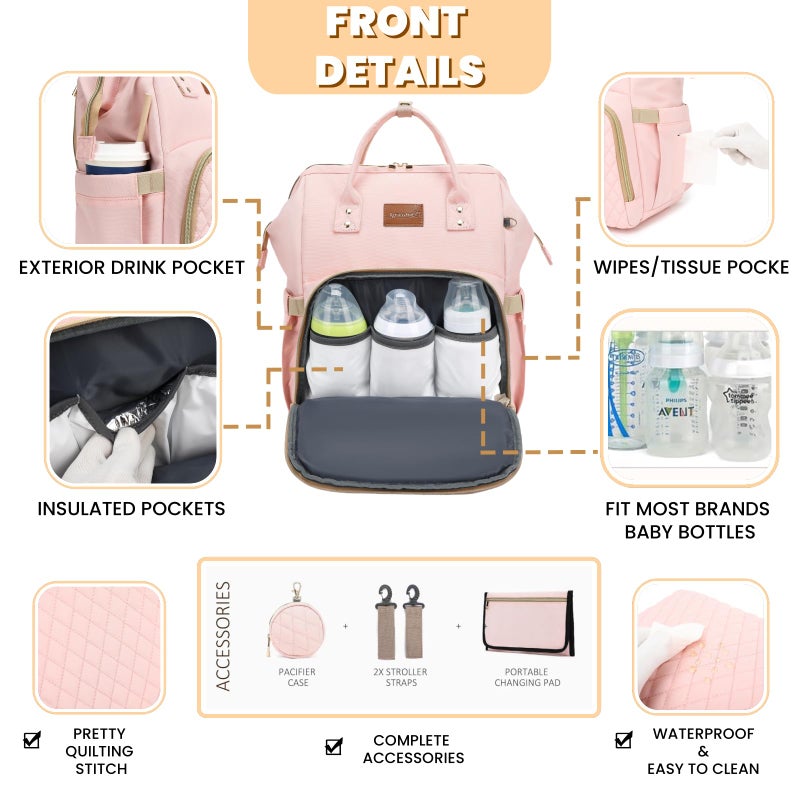 ROSEGIN Pink Diaper Bag Backpack for Baby Girls - Baby Shower Gifts for Mom, Quilted Diaper Bag with Changing Pad, Pacifier Case, Insulated Pockets, Stroller Straps, 35L Large Capacity - Cute - Image 3