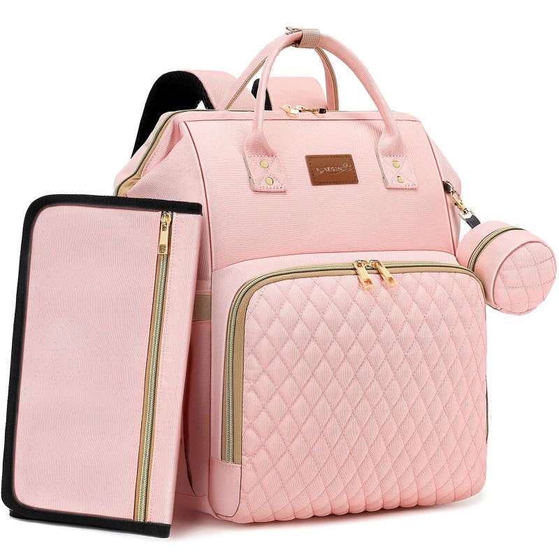 ROSEGIN Pink Diaper Bag Backpack for Baby Girls - Baby Shower Gifts for Mom, Quilted Diaper Bag with Changing Pad, Pacifier Case, Insulated Pockets, Stroller Straps, 35L Large Capacity - Cute - Image 1