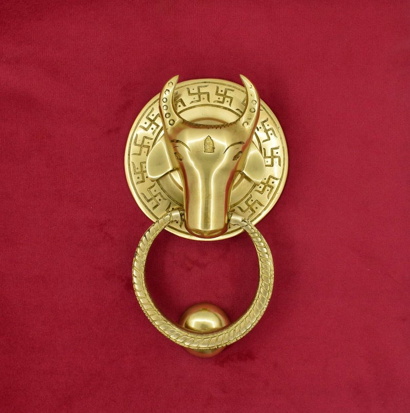 Jain Antiques Pure Brass Nandi Door Knocker Vintage Look Knockers for Main Door Home Decor Hotel Decor Temple Entrance Golden Finish Pack of 1 Size 6 inch - Image 1