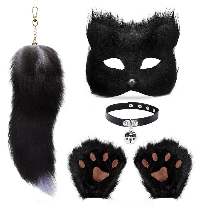 BADALU Therian Mask and Tail Set for Girls Halloween Furry Fox mask Wolf tail Cat Costume Leather Choker Faux Fur tail Cosplay Party - Image 2