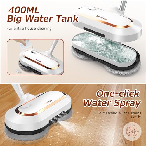 AlfaBot Electric Mop, AlfaBot S2 Cordless Spin Mop for Floor Cleaning, with LED Headlight and Sprayer/400ML Big Tank/60 Mins Runtime, Lightweight Floor Scrubber for Hardwood Floors, Tile, Laminate - Image 3