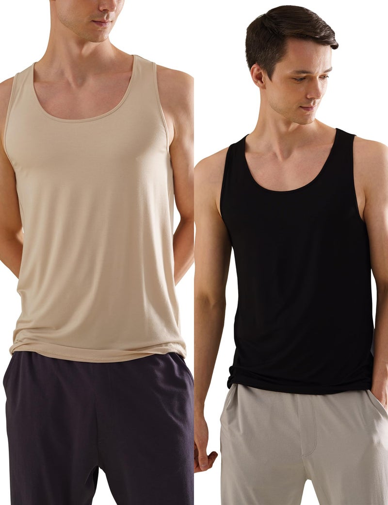 DAMENSCH Regular Fit Solid Round Neck Cotton Blend Vest Sleeveless Moisture Wicking Anti-Bacterial Anti Odour Soft & Durable Stretchable Bamboo Vest for Men-Natural Black, Breezy Beige-XL - Image 1