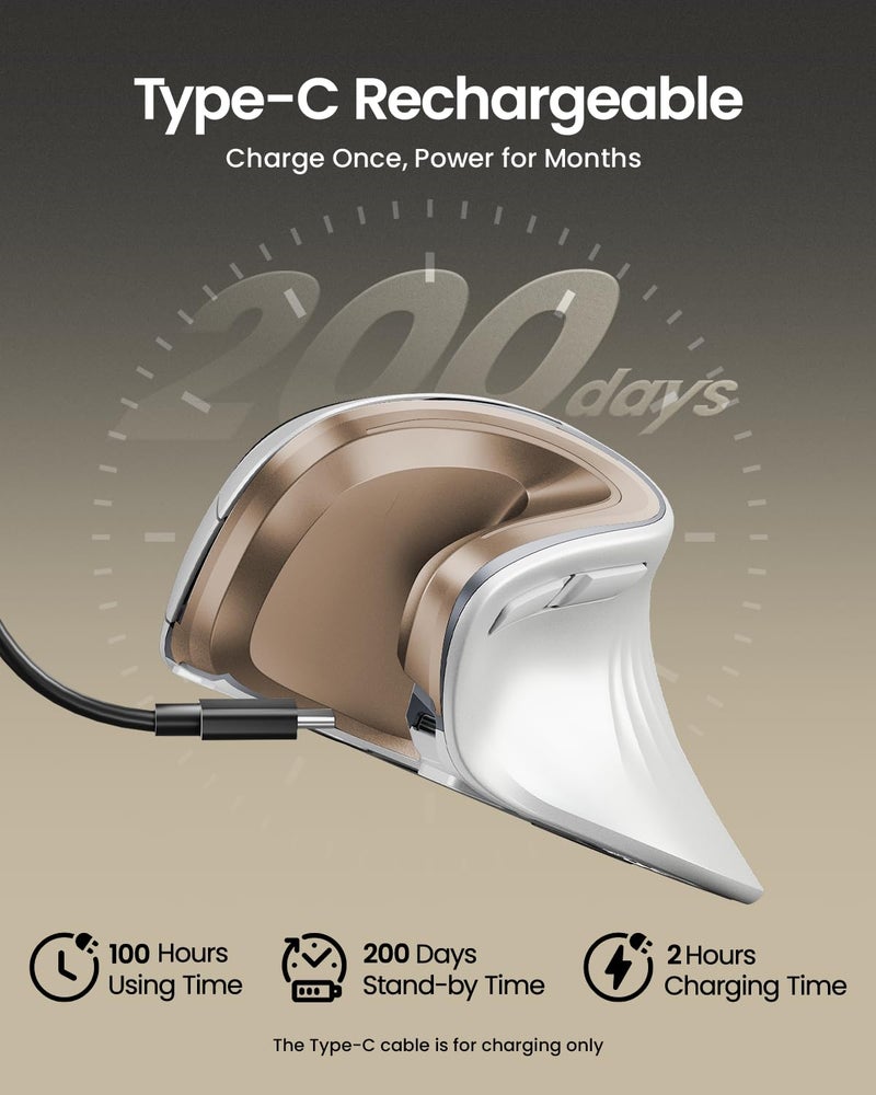 ProtoArc Ergonomic Mouse, EM11 NL Bluetooth Rechargeable Wireless Vertical Mouse, 3 Multi-Device Connectivity for Computer/PC/Laptop, 2.4GHz USB-A Optical Mice for Windows, Mac OS, White Gold - Image 2