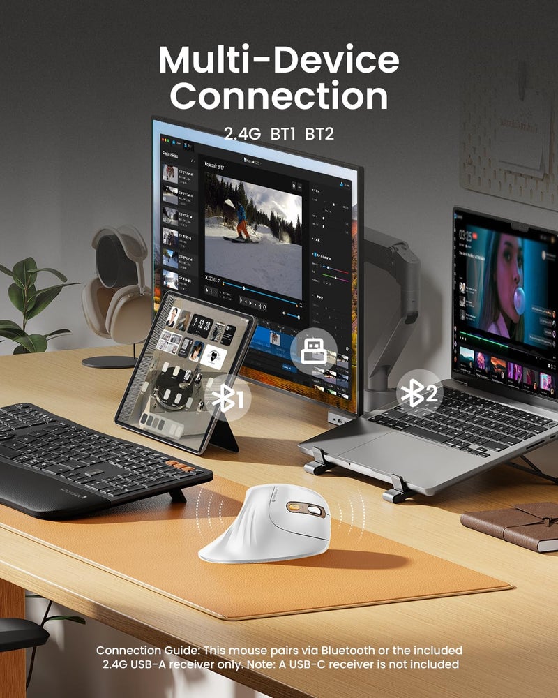 ProtoArc Ergonomic Mouse, EM11 NL Bluetooth Rechargeable Wireless Vertical Mouse, 3 Multi-Device Connectivity for Computer/PC/Laptop, 2.4GHz USB-A Optical Mice for Windows, Mac OS, White Gold - Image 3