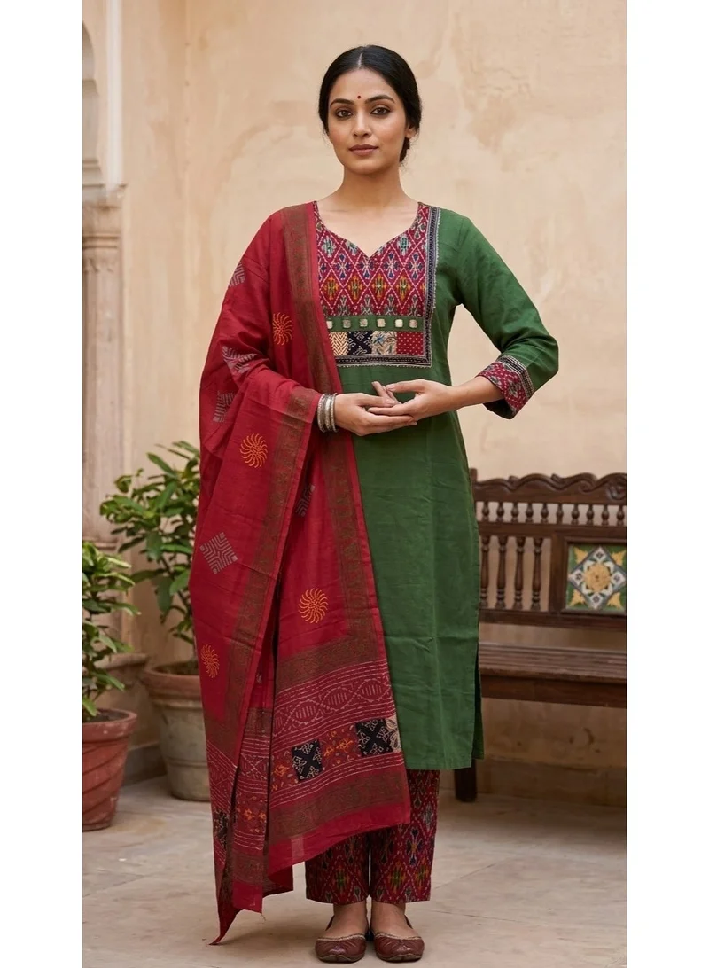 THUGFIT TOP BOTTOM DUPETTA Women's Cotton Ikat Print Kurta Set with Dupatta – V-Neck Straight Green Kurti with Mirror Work & Patchwork Border, Ethnic Suit Set for Women | Best Price UAE