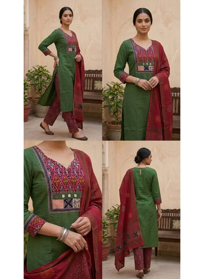 THUGFIT TOP BOTTOM DUPETTA Women's Cotton Ikat Print Kurta Set with Dupatta – V-Neck Straight Green Kurti with Mirror Work & Patchwork Border, Ethnic Suit Set for Women | Best Price UAE