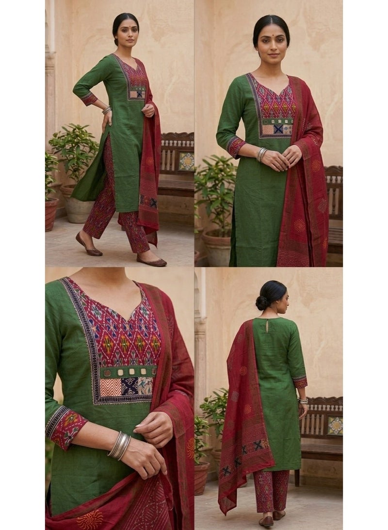 THUGFIT Women's Cotton Ikat Print Kurta Set with Dupatta – V-Neck Straight Green Kurti with Mirror Work & Patchwork Border, Ethnic Suit Set - Image 3