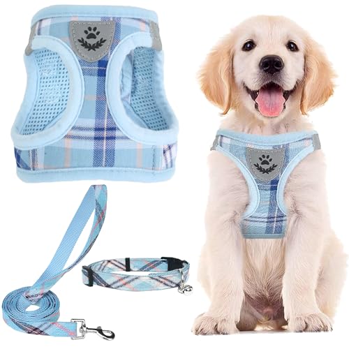 PUPTECK Adjustable Dog Harness Collar and Leash Set Step in No Pull Pet Harness for Small Medium Dogs Puppy and Cats Outdoor Walking Running, Soft Mesh Padded Reflective Vest Harnesses, Blue S - Image 1