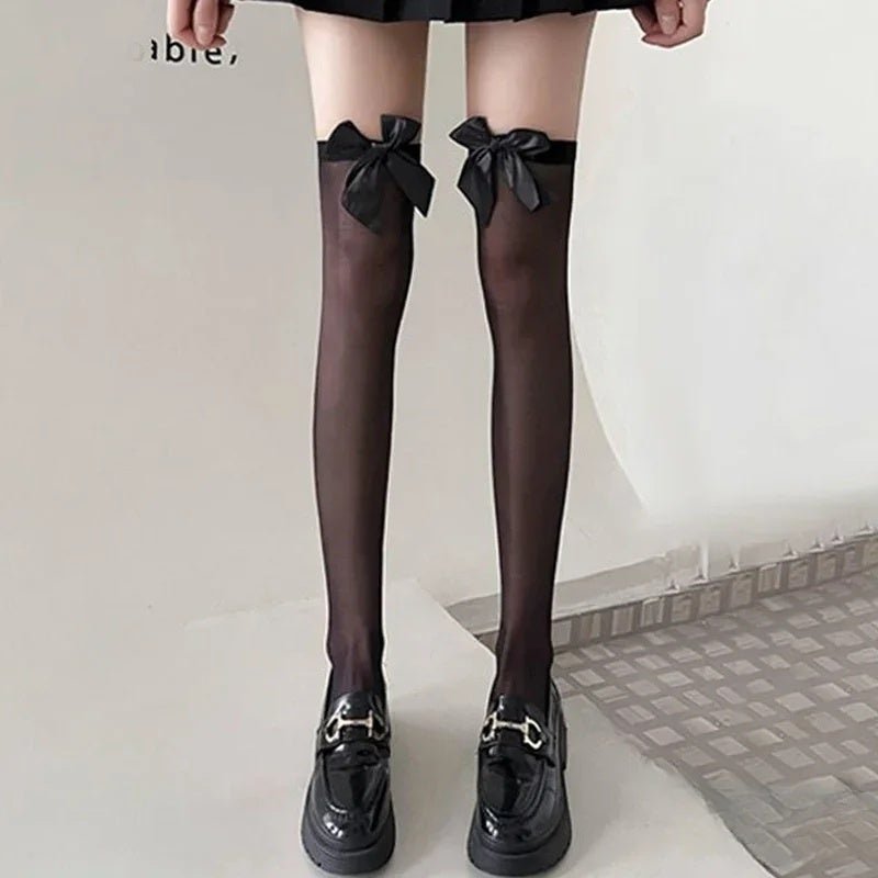 Sexy Overknee Long Socks Women Black White Sweet Girls Lolita Bowknot Thigh High Fishnet Stockings Gothic Punk Lace Mesh Legging - Image 1