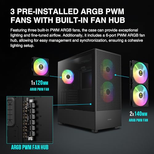 Gamdias E-ATX Mid Tower Gaming Computer Case, Tempered Glass PC Case, USB Type-C, Built-in 2x140mm & 1x120mm PWM ARGB Fans, Up to Dual Radiator/AIO 360mm, 390mm GPU/VGA RTX 40 Series, 180mm CPU Cooler - Image 4