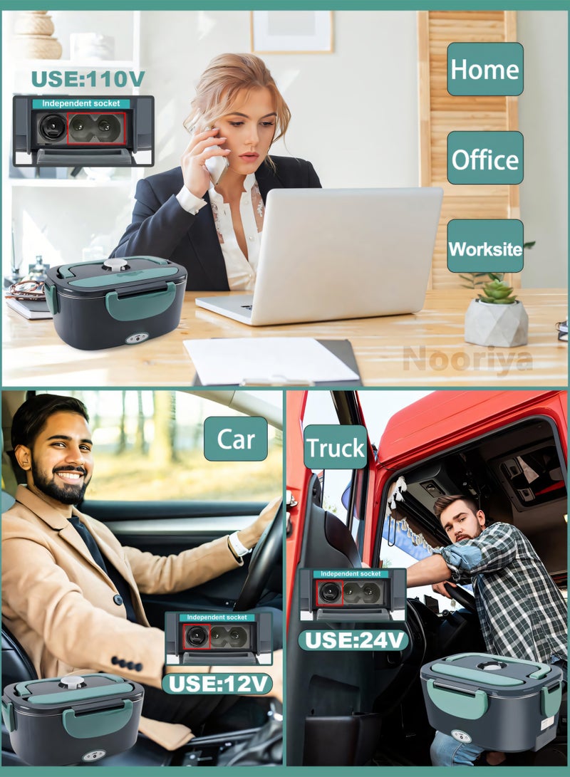 Nooriya Electric Lunch Box Food Heater, 80W Portable Warmer for Car Truck Work with 304 Stainless Steel Container, 12V/24V/110V Green Heated Lunch Box Suitable for Ideal Driver/Work/Gift  - Image 3
