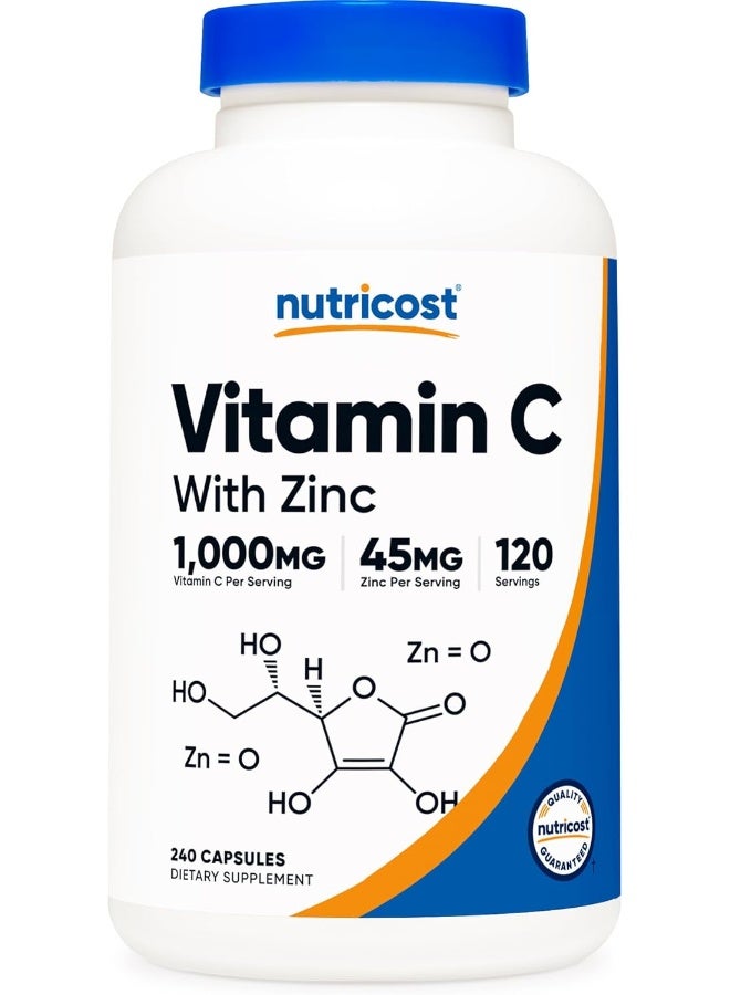 فيتامين سي مع الزنك، 240 كبسولة - 1000 ملغ من فيتامين سي، 45 ملغ من الزنك، مكمل غذائي غير معدّل وراثيًا وخالي من الجلوتين - Image 1