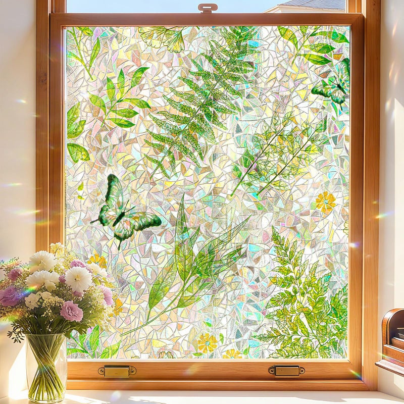 ADD.HERES Window Privacy Film,Colorful Floral Window Stickers,Removable DIY Bouquet Static Clings, Decals for Home School Office Party Supplies, Green Leaf，17.5 x 78.7 in - Image 1