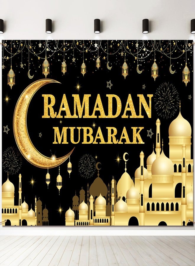 Kreyfer 7 x 5 FT Ramadan Mubarak Backdrop - Extra Large Black and Gold Glittering Crescent Moon and Mosque Design Wall Hanging, Festive Islamic Photo Background Booth Prop for Indoor Outdoor Decorations - Image 1