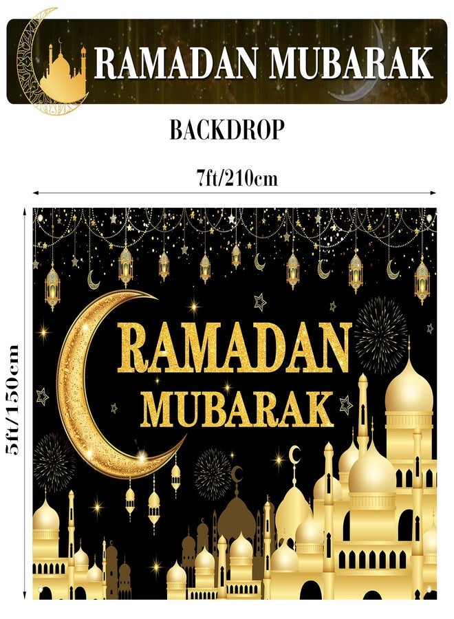 Kreyfer 7 x 5 FT Ramadan Mubarak Backdrop - Extra Large Black and Gold Glittering Crescent Moon and Mosque Design Wall Hanging, Festive Islamic Photo Background Booth Prop for Indoor Outdoor Decorations - Image 2