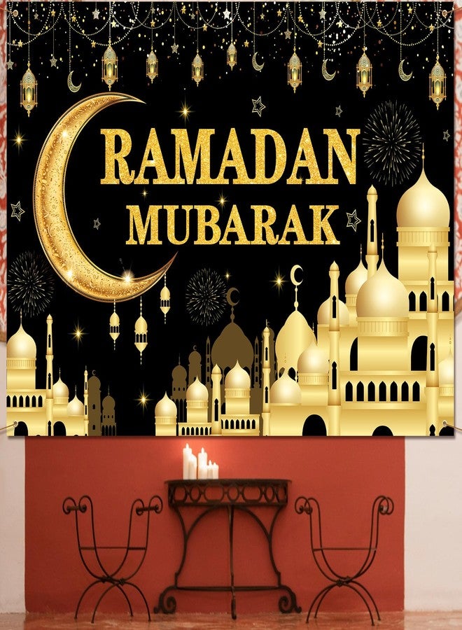 Kreyfer 7 x 5 FT Ramadan Mubarak Backdrop - Extra Large Black and Gold Glittering Crescent Moon and Mosque Design Wall Hanging, Festive Islamic Photo Background Booth Prop for Indoor Outdoor Decorations - Image 4