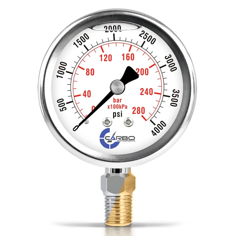 CARBO Instruments Stainless Steel Pressure Gauge Dual Display (0-4000 psi/kPa) - 2 1/2" Glycerine Liquid Filled Gauge - Image 1