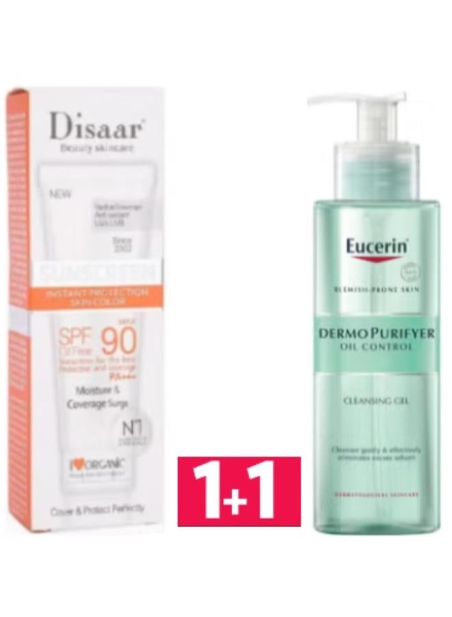 Disaar Sunscreen Instant Protection Foundation SPF 90 40g + Oil Control Face Cleansing Gel For Blemish- & Acne-Prone Skin 200 ml - Image 1