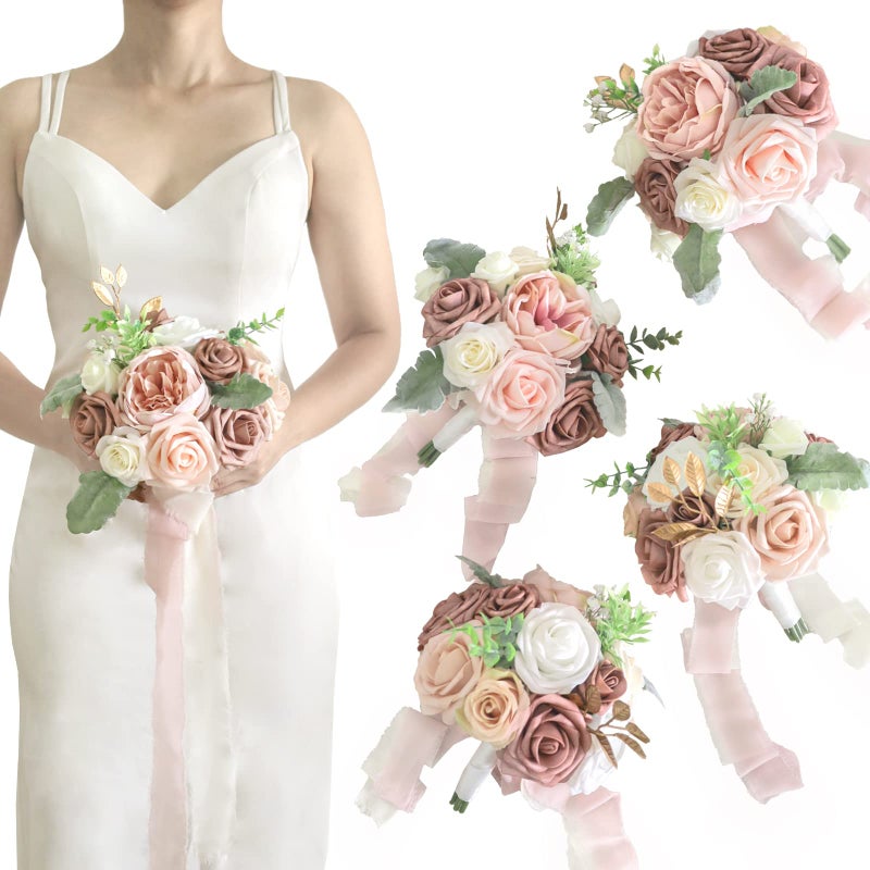 Lookein Bridesmaid Bouquet Set of 4 Boho Wedding Bouquet 7Inch Fake Flower Bouquet for Bride Tossing Bouquet for Wedding Ceremony Elegant Dusty Rose
