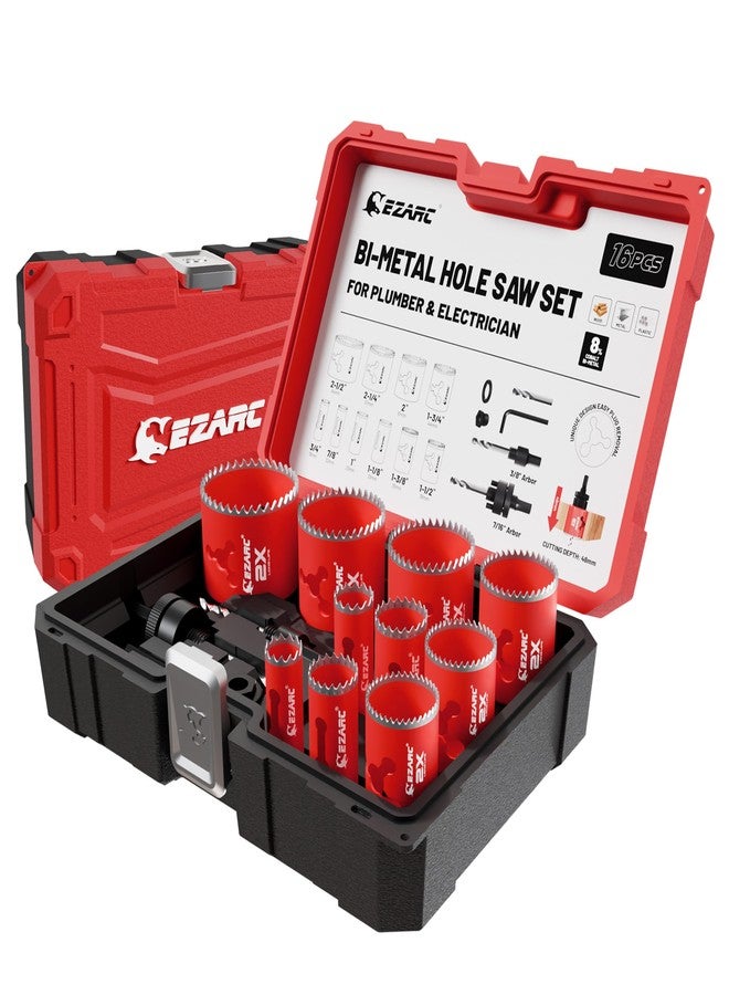 EZARC Hole Saw Kit, 16Pcs Bi-Metal Hole Saw Set with 3/4"-2-1/2"(19-64mm), Mandrels, Drill Bits, Installation Plate, Hex Key with Storage Case, Ideal for Wood, Metal, Plywood, PVC Board - Image 1