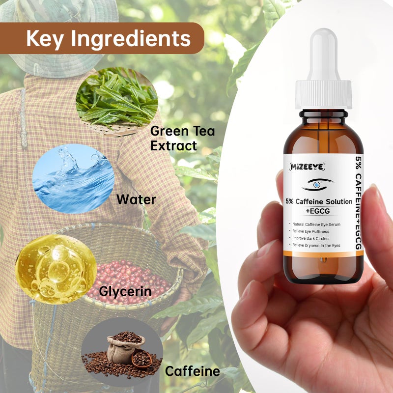 MIZEEYE Caffeine Solution 5% + EGCG For Face, 30ML Moisturizing Caffeine Eye Serum For Dark Circles & Puffiness, Under Eye Solution For Fine Lines. - Image 3