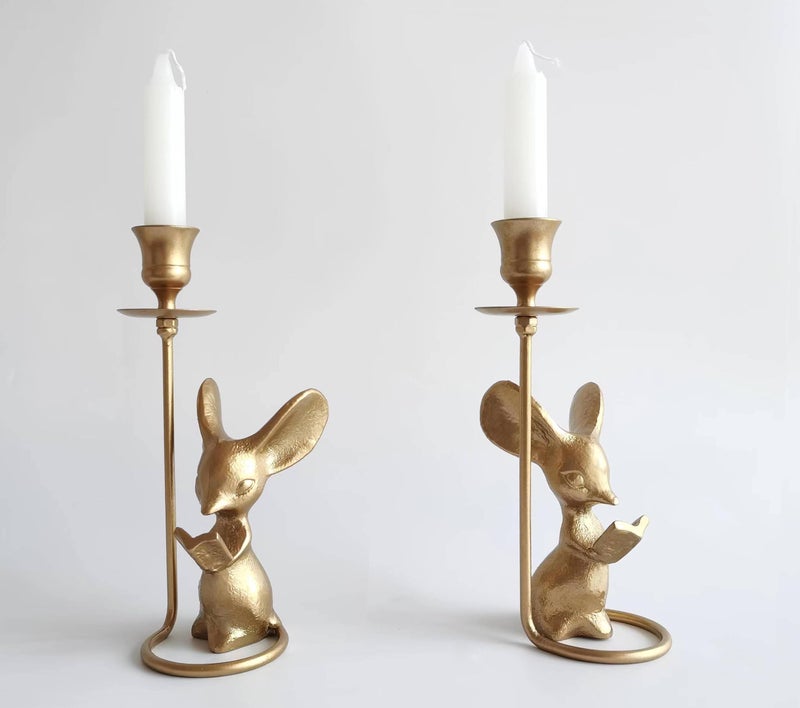 Mouse Reading Taper Candle Holders Creative Animal Candlestick Holders Centerpiece Table Decorative Candlelight Dinner Metal Candle Stand Home Decor