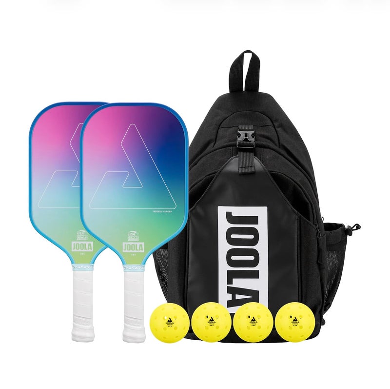 JOOLA Perseus Aurora Pickleball Paddles Set of 2 - Includes: 2 Pickleball Paddles, 4 Balls & Sling Bag - Cold Press Carbon Surface - Lightweight, Beginner Friendly - USAP Approved - NFC Enabled