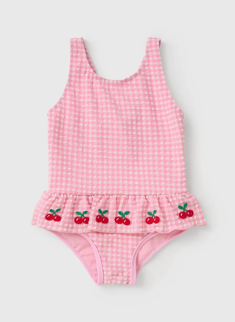 Girls Pink Cherry Frill Swimming Costume