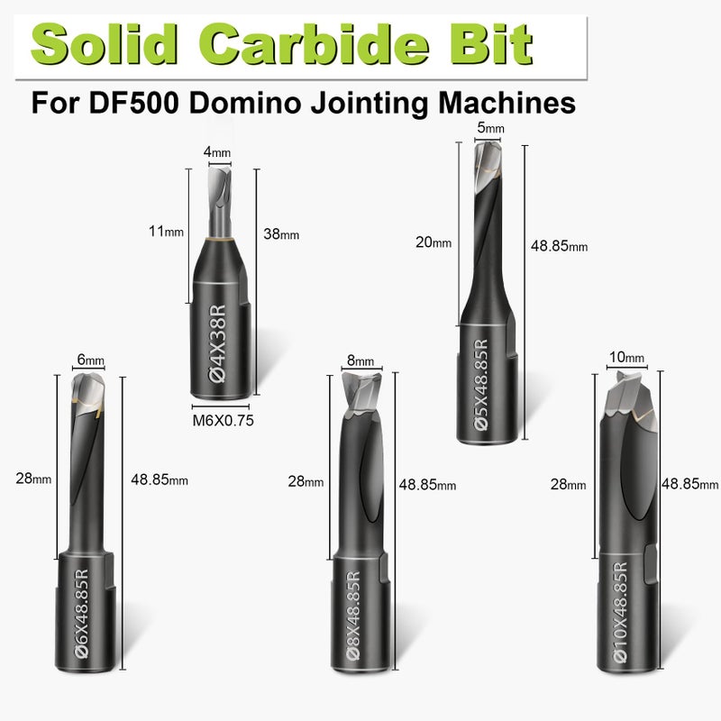 ZSUCC Domino Cutter Solid Carbide Bits, Fit for DF500 Domino Jointer Machines, 5 Pcs Domino Bits (4mm, 5mm, 6mm, 8mm, 10mm), Precision with Extended Spiral Flute, Black Tungsten Carbide - Image 2