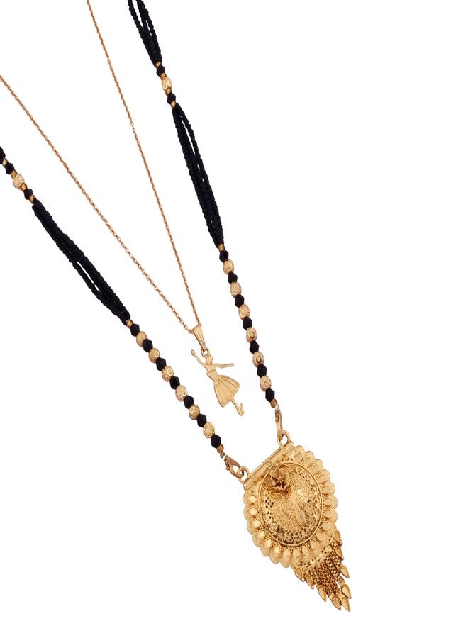 MALKYN Women's Gold Plated Peacock Motif Mangalsutra with Enamel Work and Ballerina Pendant Layered Necklace Set, Traditional Black Beaded Indian Jewelry for Festive Occasions-MD-142 - Image 1