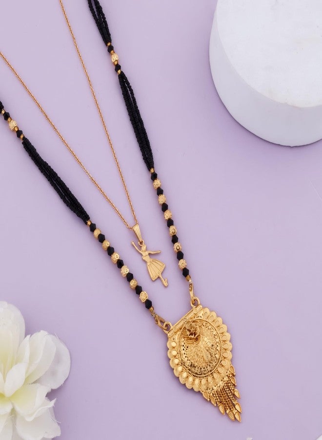 MALKYN Women's Gold Plated Peacock Motif Mangalsutra with Enamel Work and Ballerina Pendant Layered Necklace Set, Traditional Black Beaded Indian Jewelry for Festive Occasions-MD-142 - Image 2