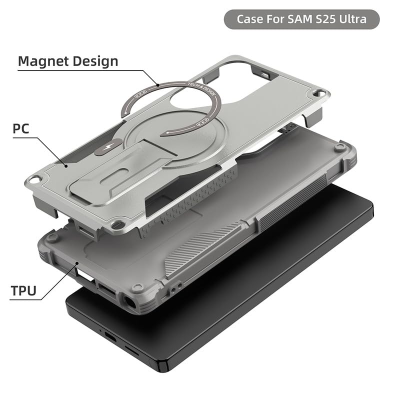 US LITE Back Cover for Samsung Galaxy S25 Ultra with Portable Kickstand | Mag-Safe Compatible Magnetic Case | Shockproof Military Grade Protection | Extreme Protection Phone Cover – Grey - Image 4
