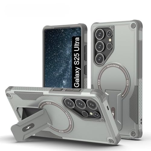 US LITE Back Cover for Samsung Galaxy S25 Ultra with Portable Kickstand | Mag-Safe Compatible Magnetic Case | Shockproof Military Grade Protection | Extreme Protection Phone Cover – Grey - Image 1