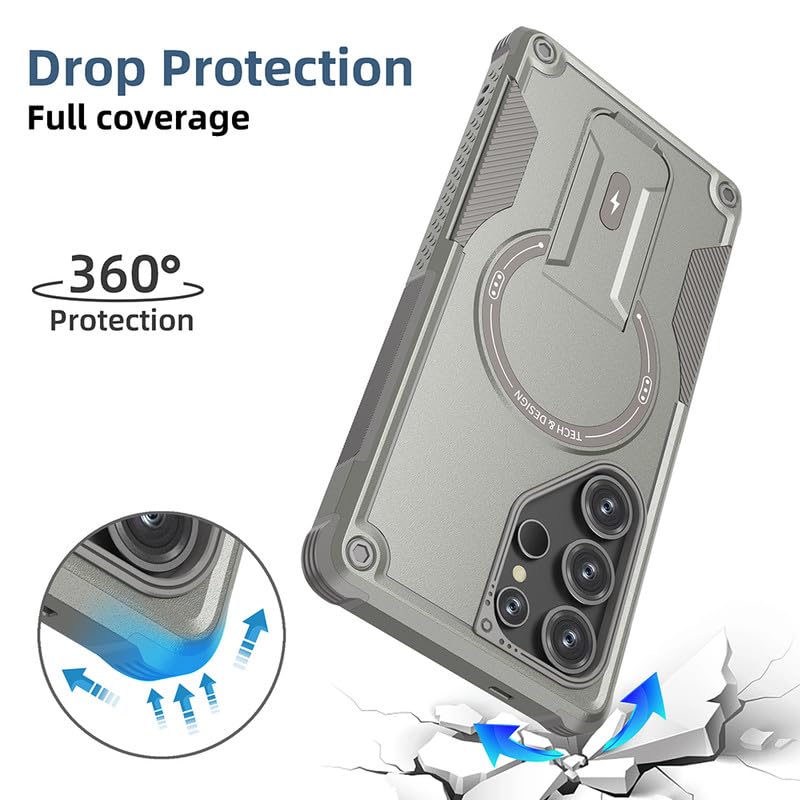 US LITE Back Cover for Samsung Galaxy S25 Ultra with Portable Kickstand | Mag-Safe Compatible Magnetic Case | Shockproof Military Grade Protection | Extreme Protection Phone Cover – Grey - Image 3