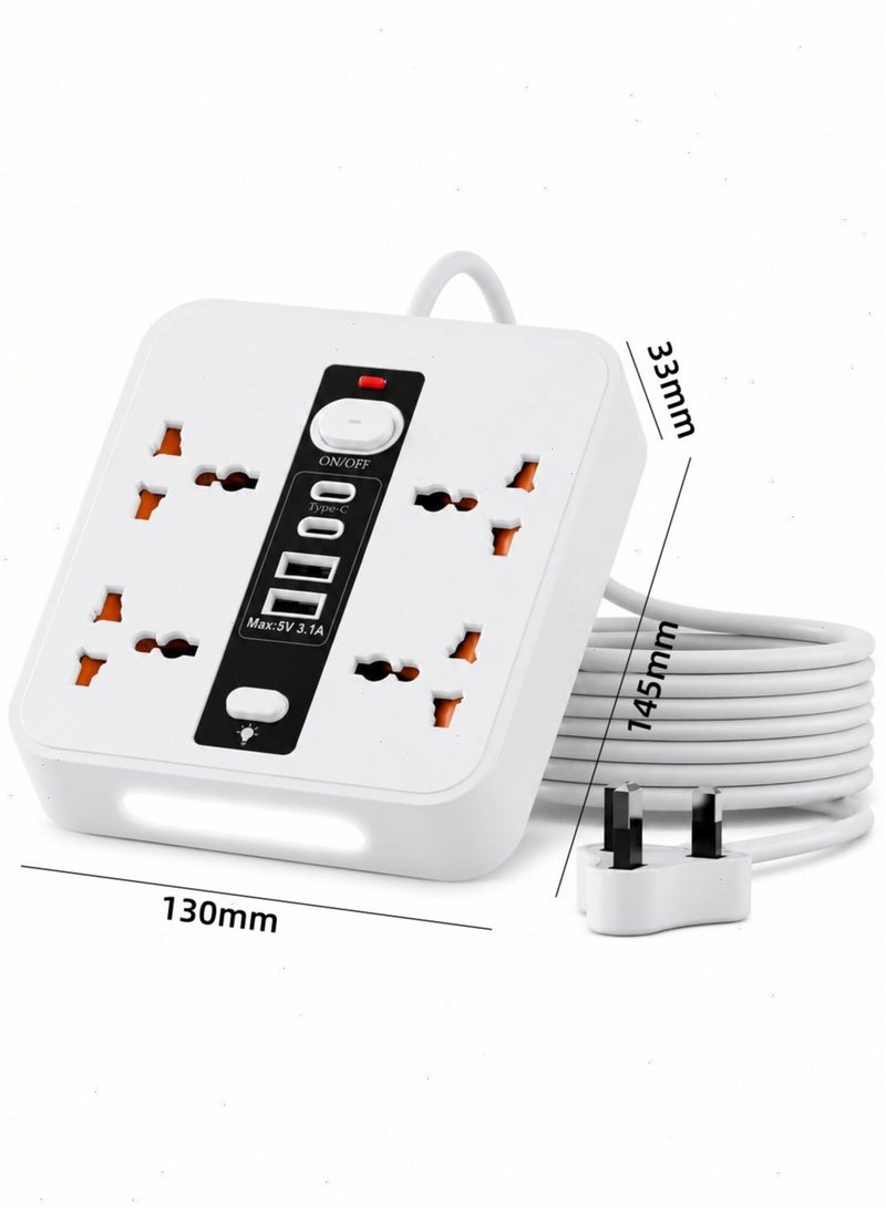 Multi-Functional Power Extension 5 Meter & Power Socket Extension Wire, 2500W Power Strip Electric Board & Switch Board with 4 AC Outlets & 4 USB Fast Charging Ports (2 Type-C + 2 USB-A), Desktop Extension Lead with LED Night Light - Image 5