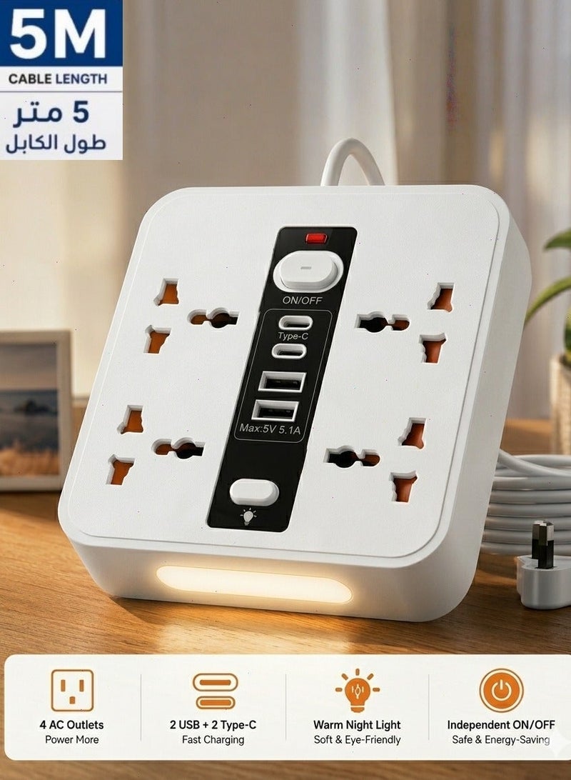Multi-Functional Power Extension 5 Meter & Power Socket Extension Wire, 2500W Power Strip Electric Board & Switch Board with 4 AC Outlets & 4 USB Fast Charging Ports (2 Type-C + 2 USB-A), Desktop Extension Lead with LED Night Light - Image 1