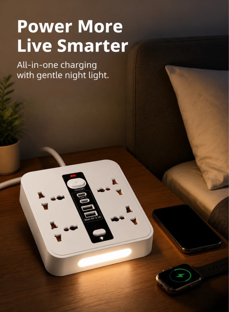 Multi-Functional Power Extension 5 Meter & Power Socket Extension Wire, 2500W Power Strip Electric Board & Switch Board with 4 AC Outlets & 4 USB Fast Charging Ports (2 Type-C + 2 USB-A), Desktop Extension Lead with LED Night Light - Image 3